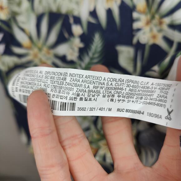 Zara Button Up Shirt Mens Medium Blue Floral Tropical Hawaiian Cotton Beach - Picture 7 of 8